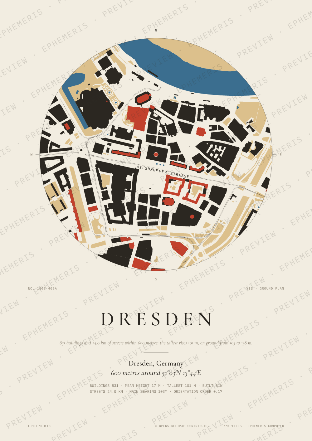 Dresden map poster: the city drawn as a plan