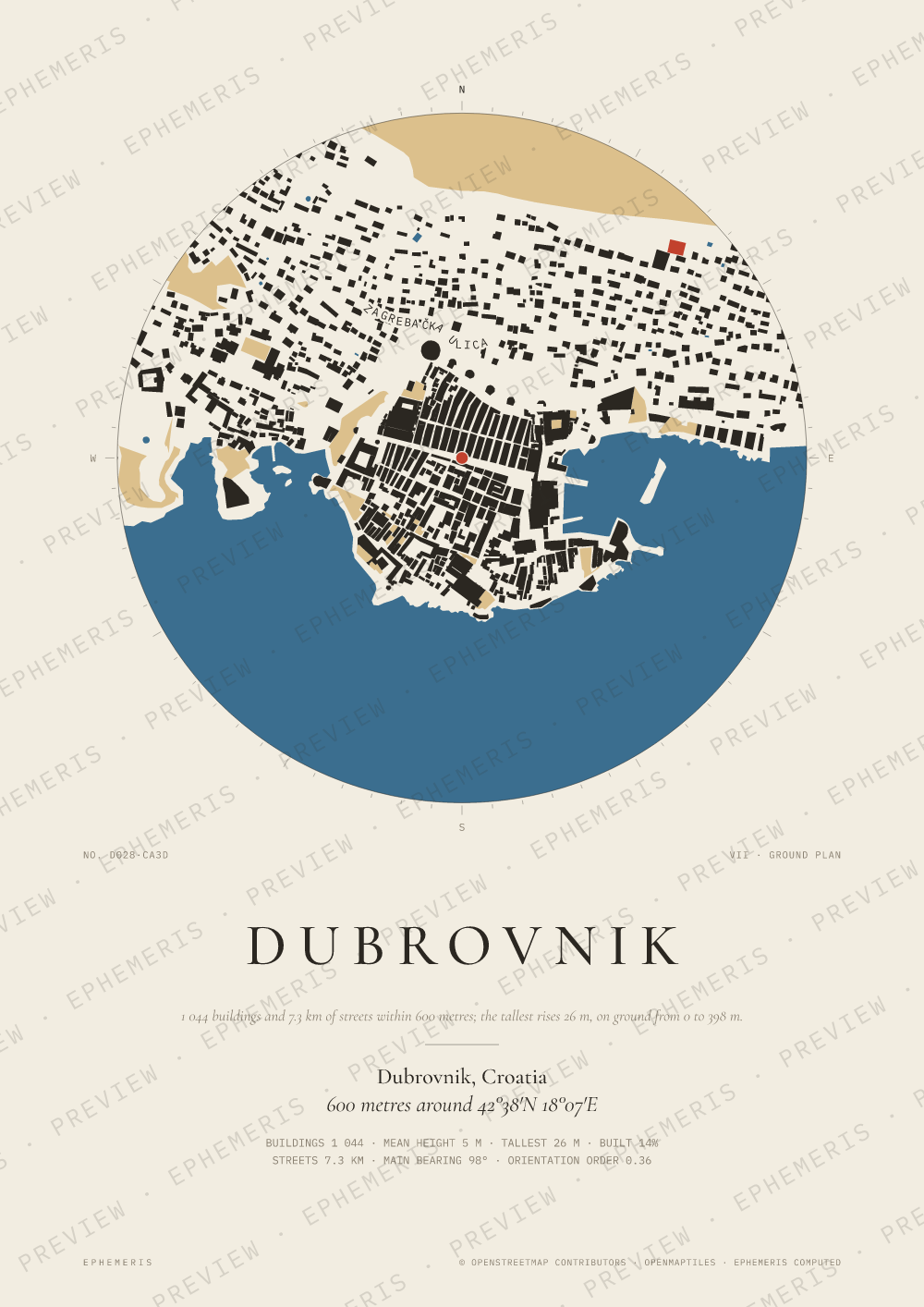 Dubrovnik map poster: the city drawn as a plan