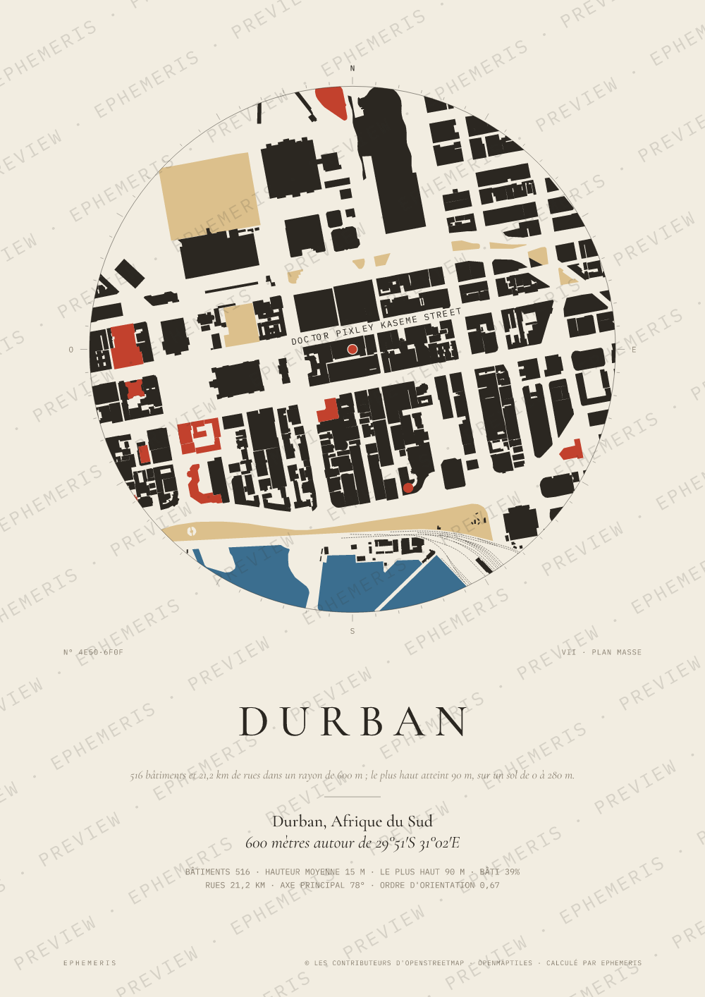 Affiche carte de Durban : la ville dessinée en plan