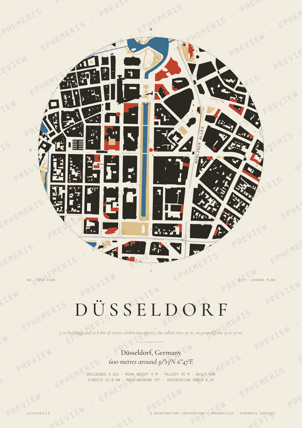 Düsseldorf map poster: the city drawn as a plan