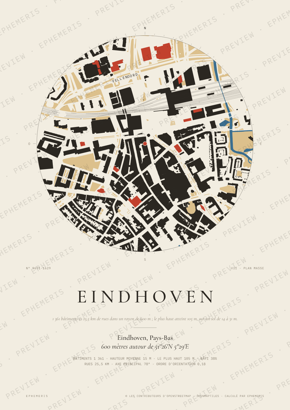 Affiche carte de Eindhoven : la ville dessinée en plan