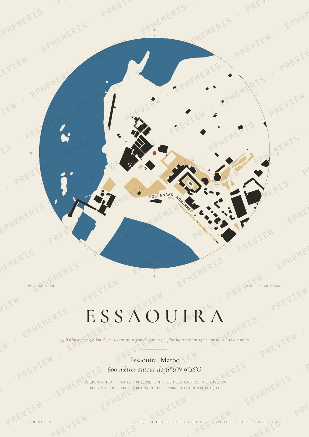 Affiche carte de Essaouira : la ville dessinée en plan