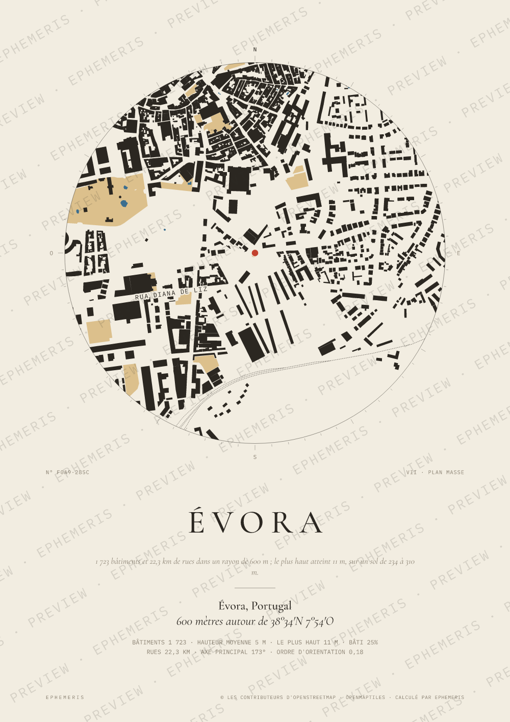Affiche carte de Évora : la ville dessinée en plan