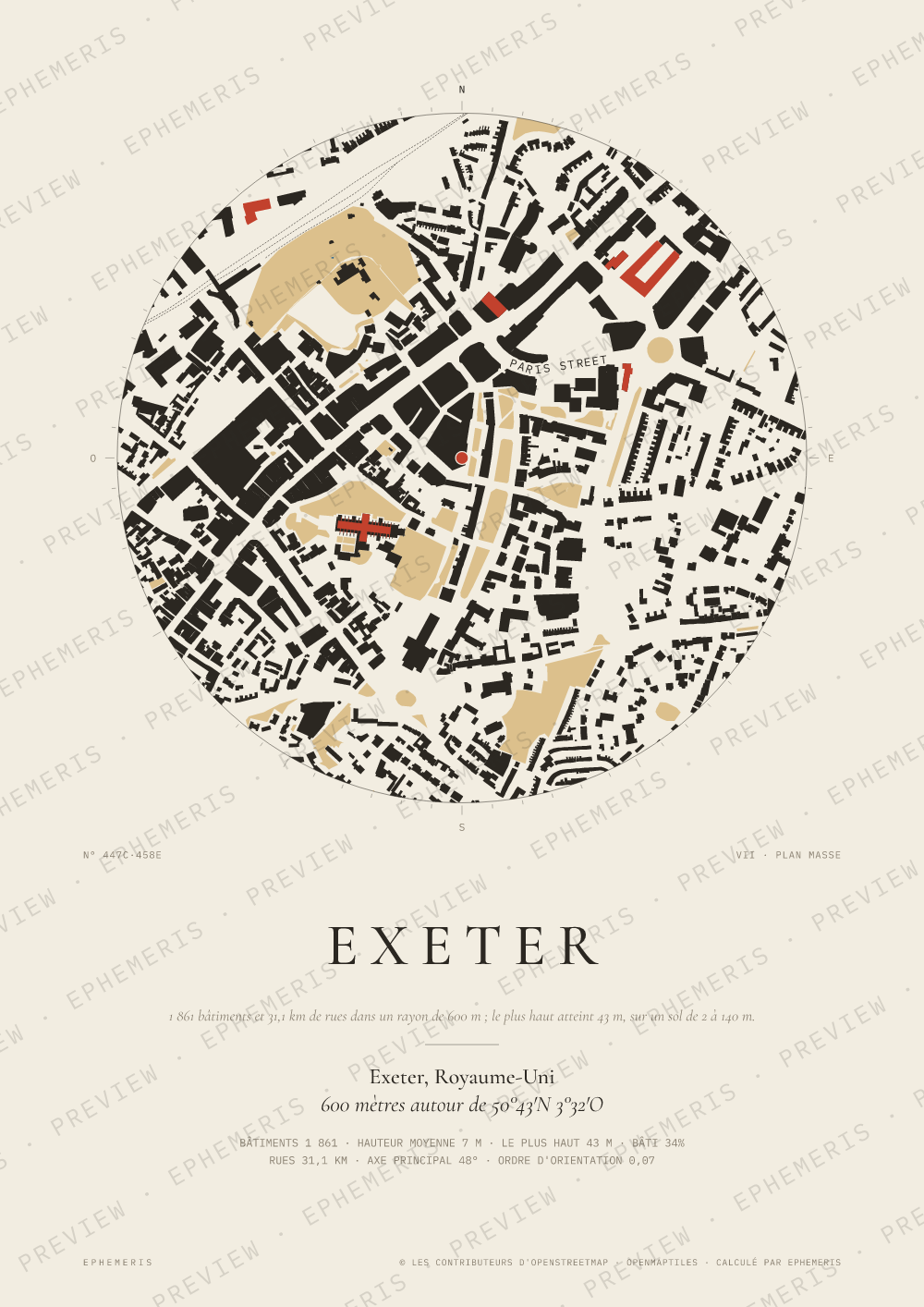 Affiche carte de Exeter : la ville dessinée en plan