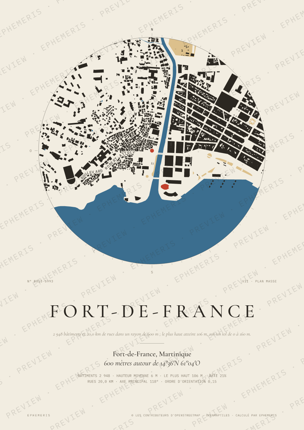 Affiche carte de Fort-de-France : la ville dessinée en plan