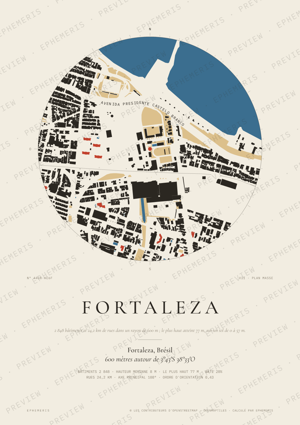 Affiche carte de Fortaleza : la ville dessinée en plan