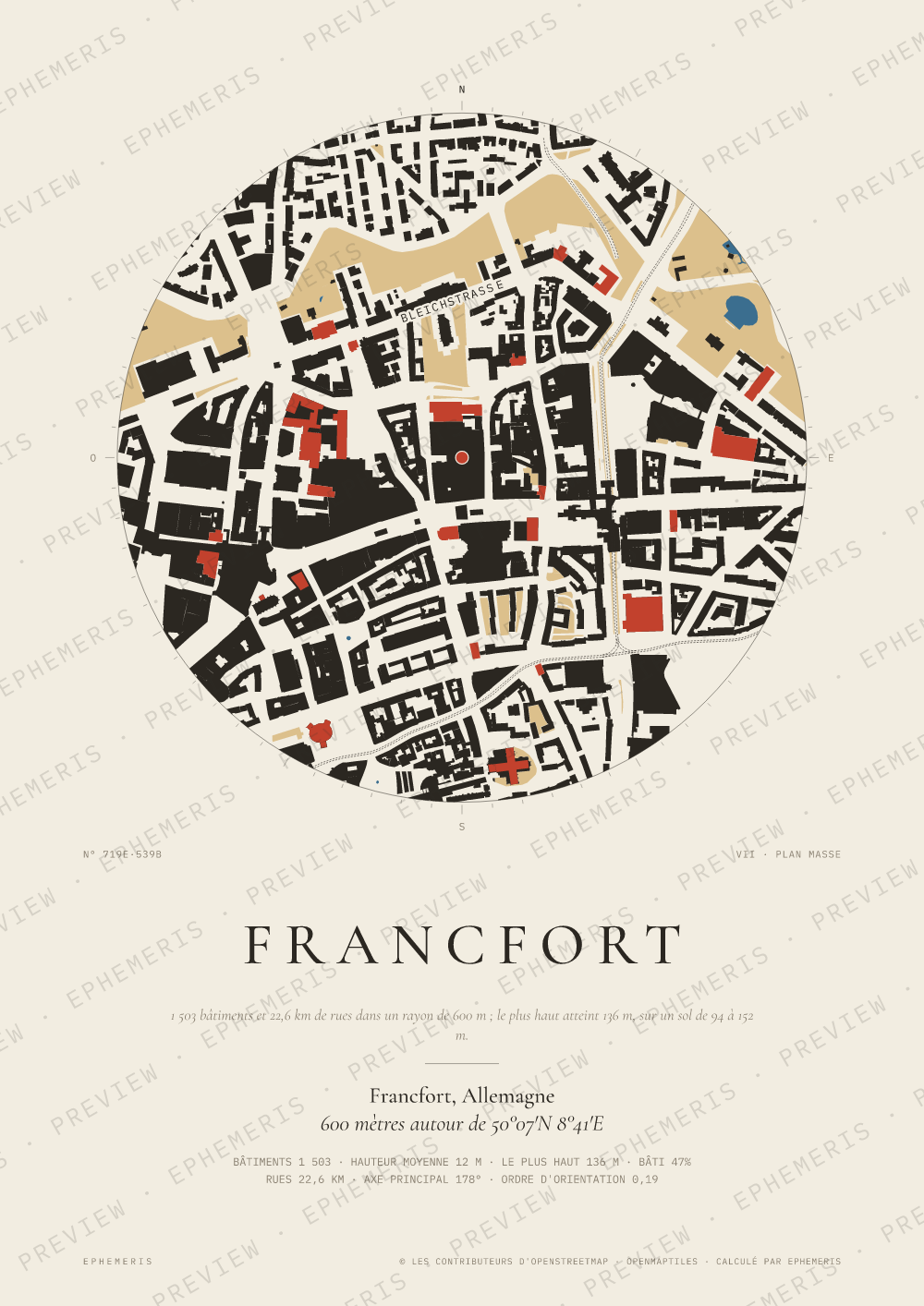 Affiche carte de Francfort : la ville dessinée en plan