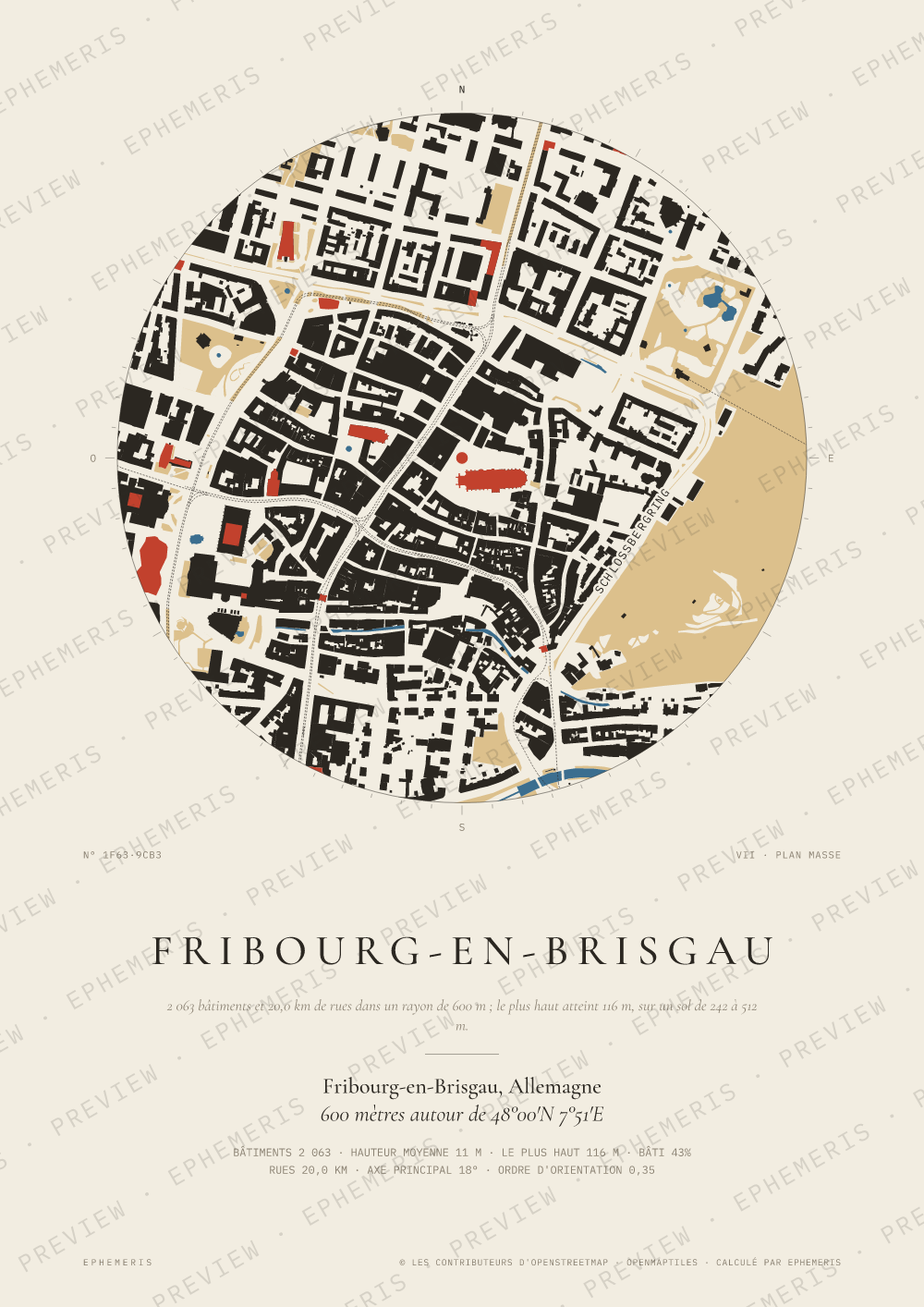 Affiche carte de Fribourg-en-Brisgau : la ville dessinée en plan