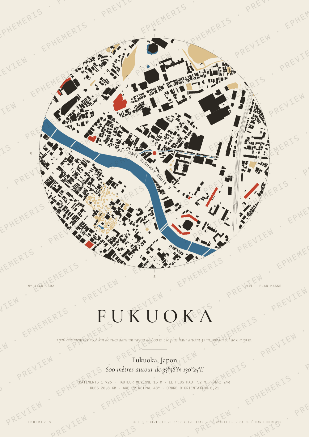 Affiche carte de Fukuoka : la ville dessinée en plan