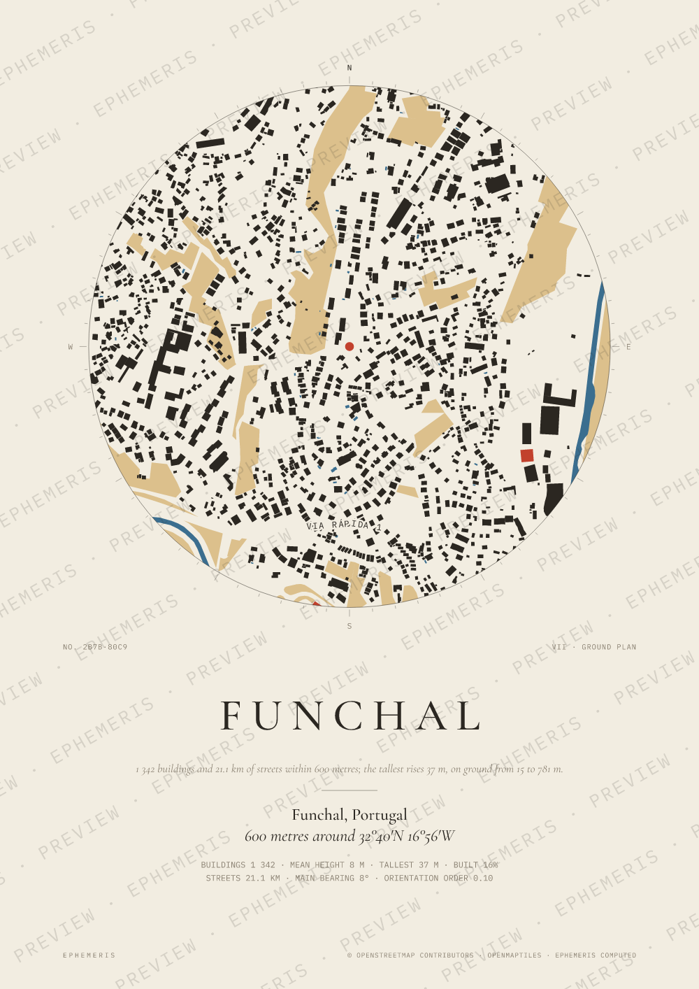 Funchal map poster: the city drawn as a plan
