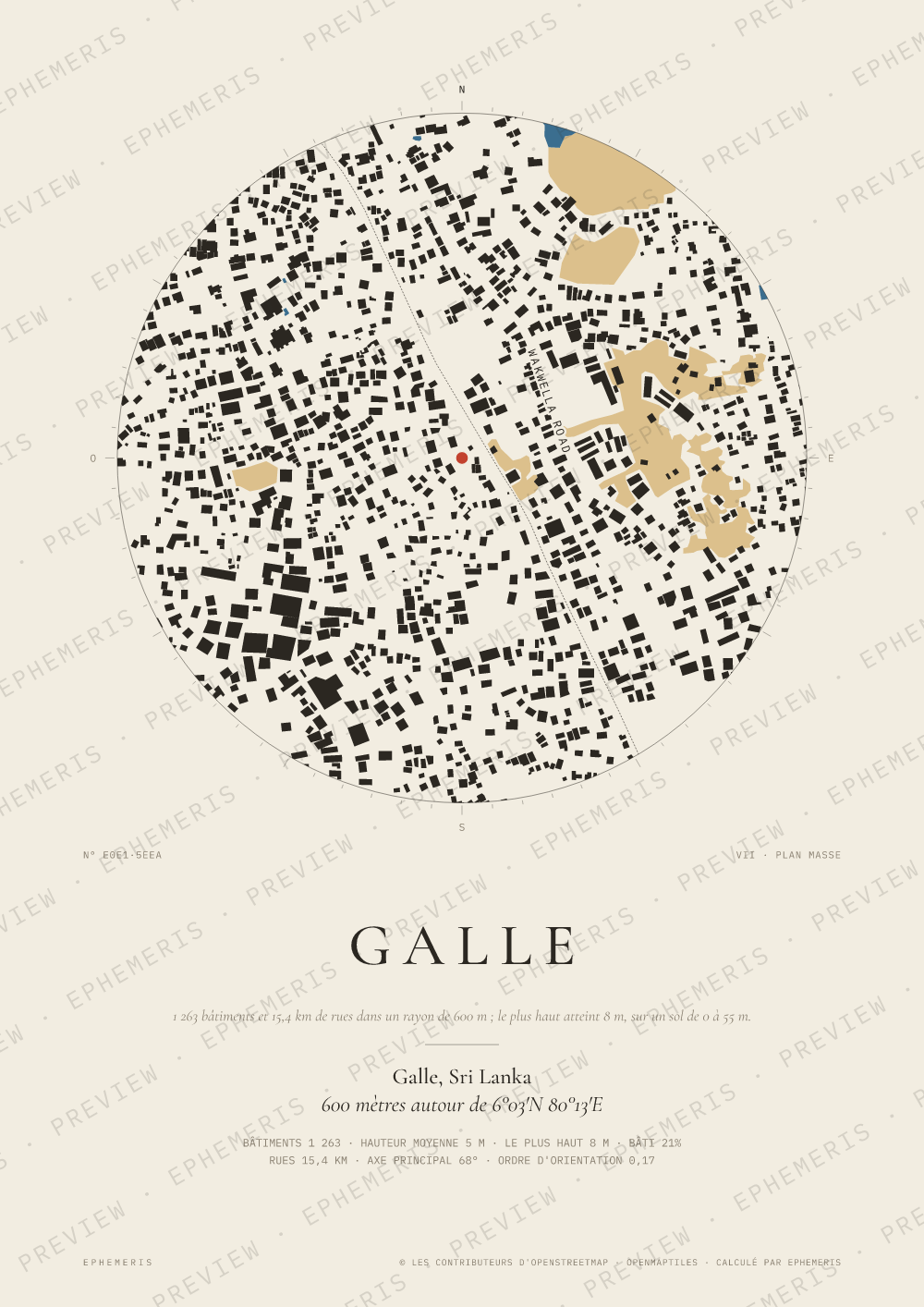 Affiche carte de Galle : la ville dessinée en plan