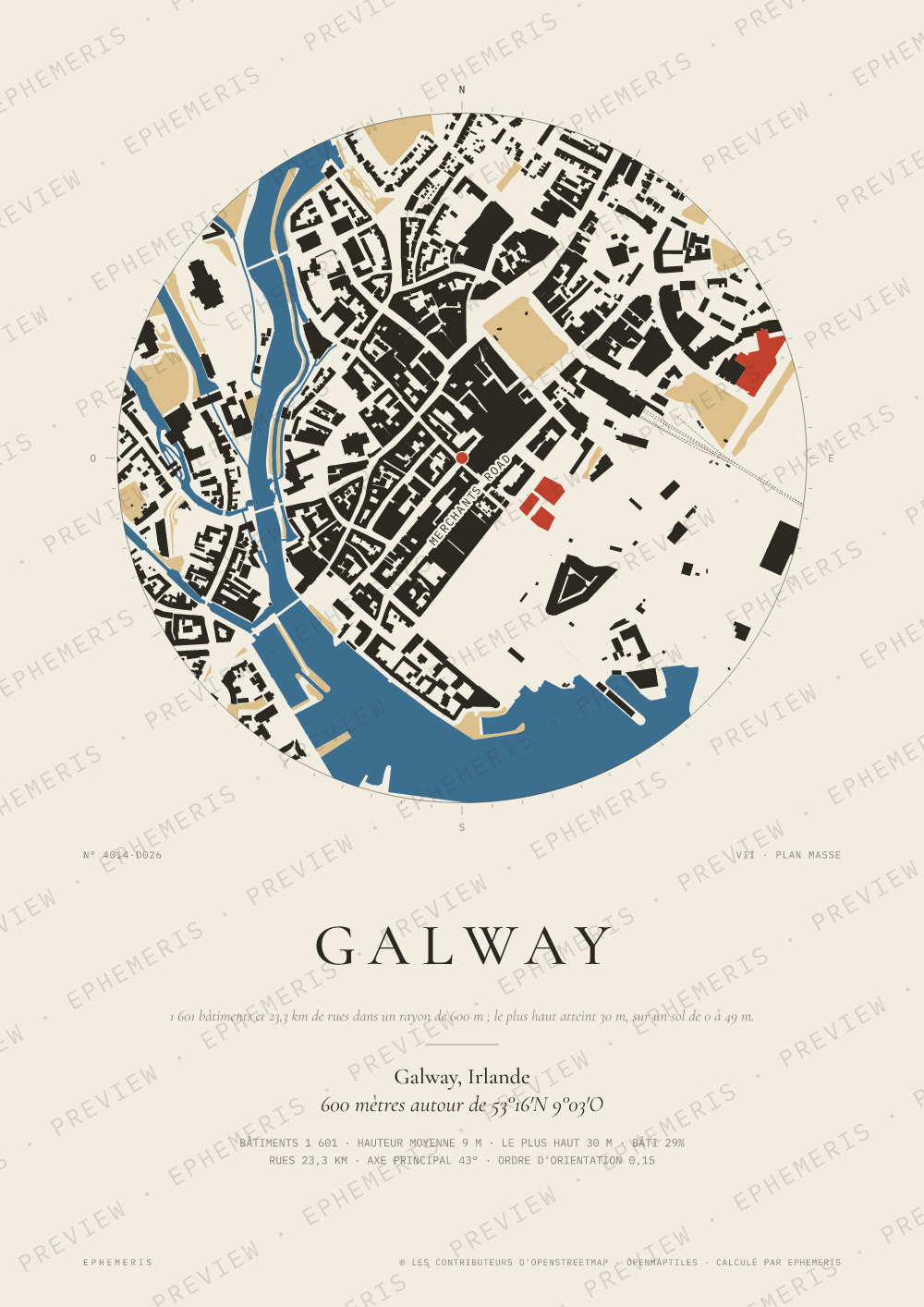 Affiche carte de Galway : la ville dessinée en plan