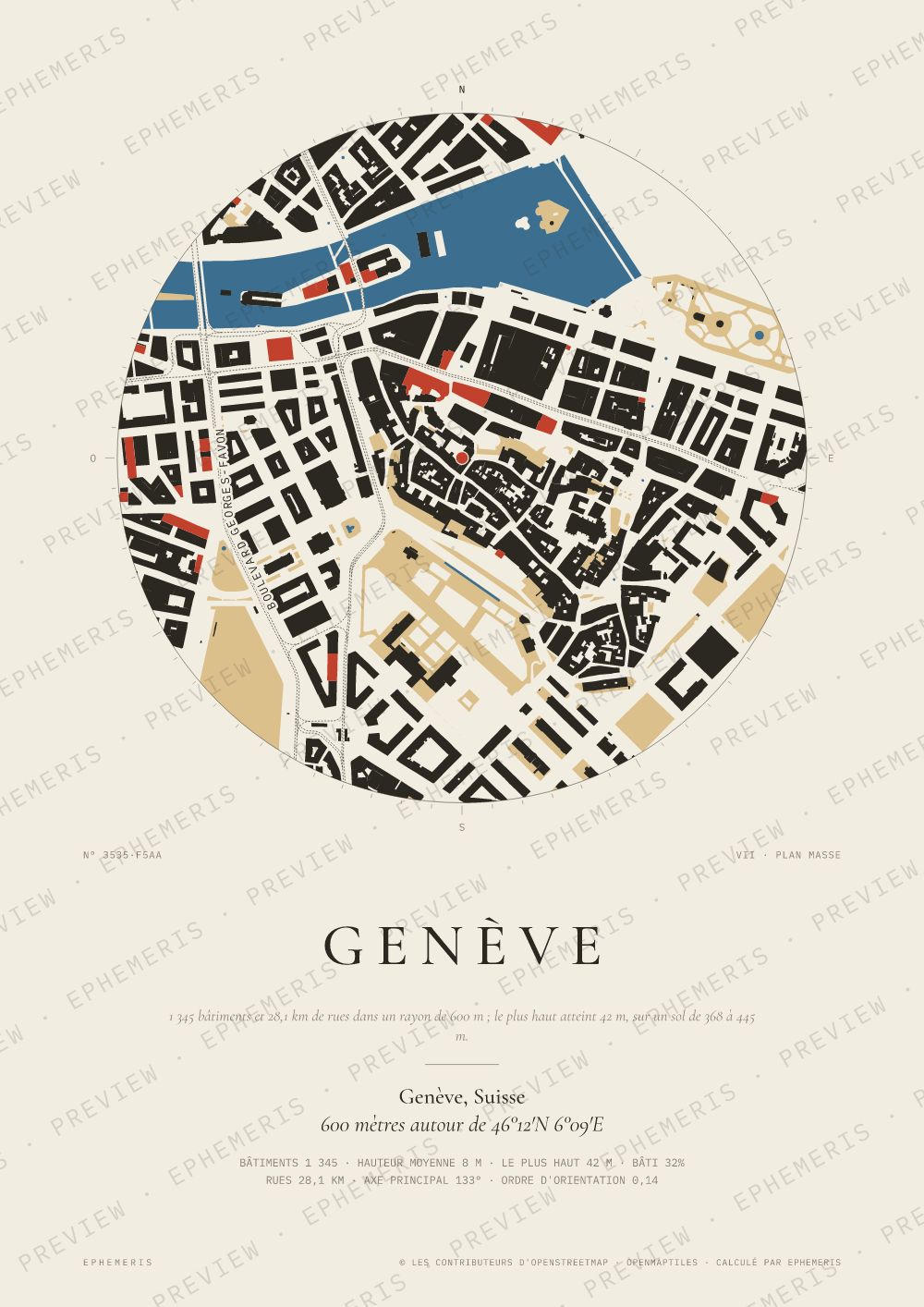 Affiche carte de Genève : la ville dessinée en plan