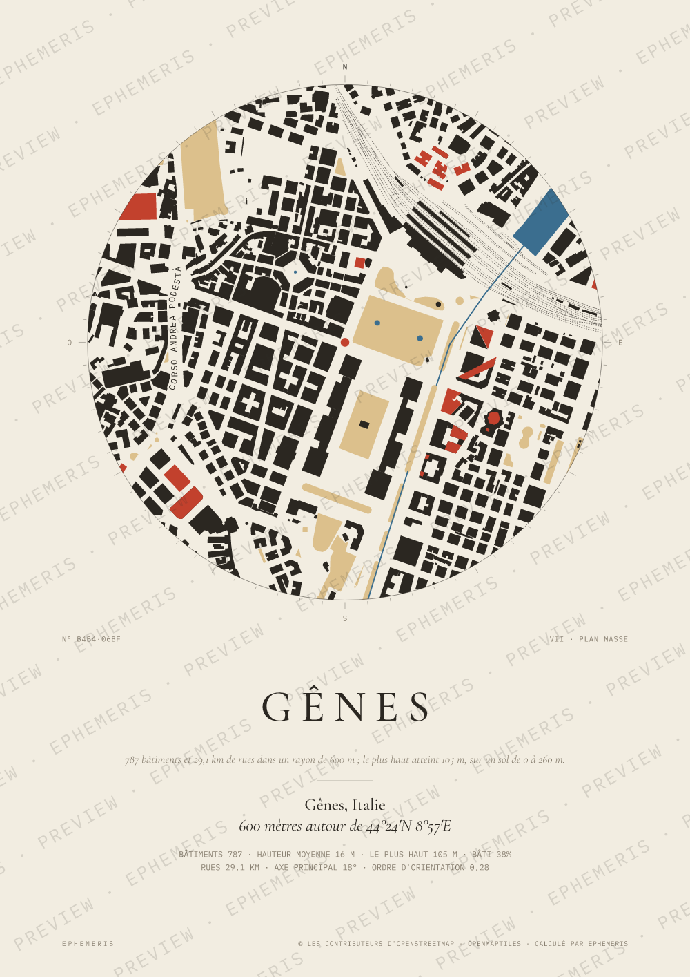 Affiche carte de Gênes : la ville dessinée en plan