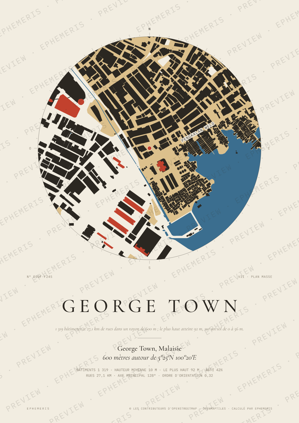 Affiche carte de George Town : la ville dessinée en plan