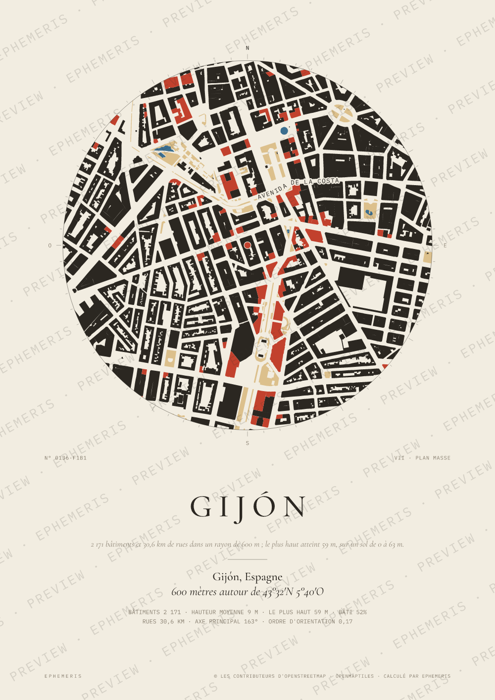 Affiche carte de Gijón : la ville dessinée en plan
