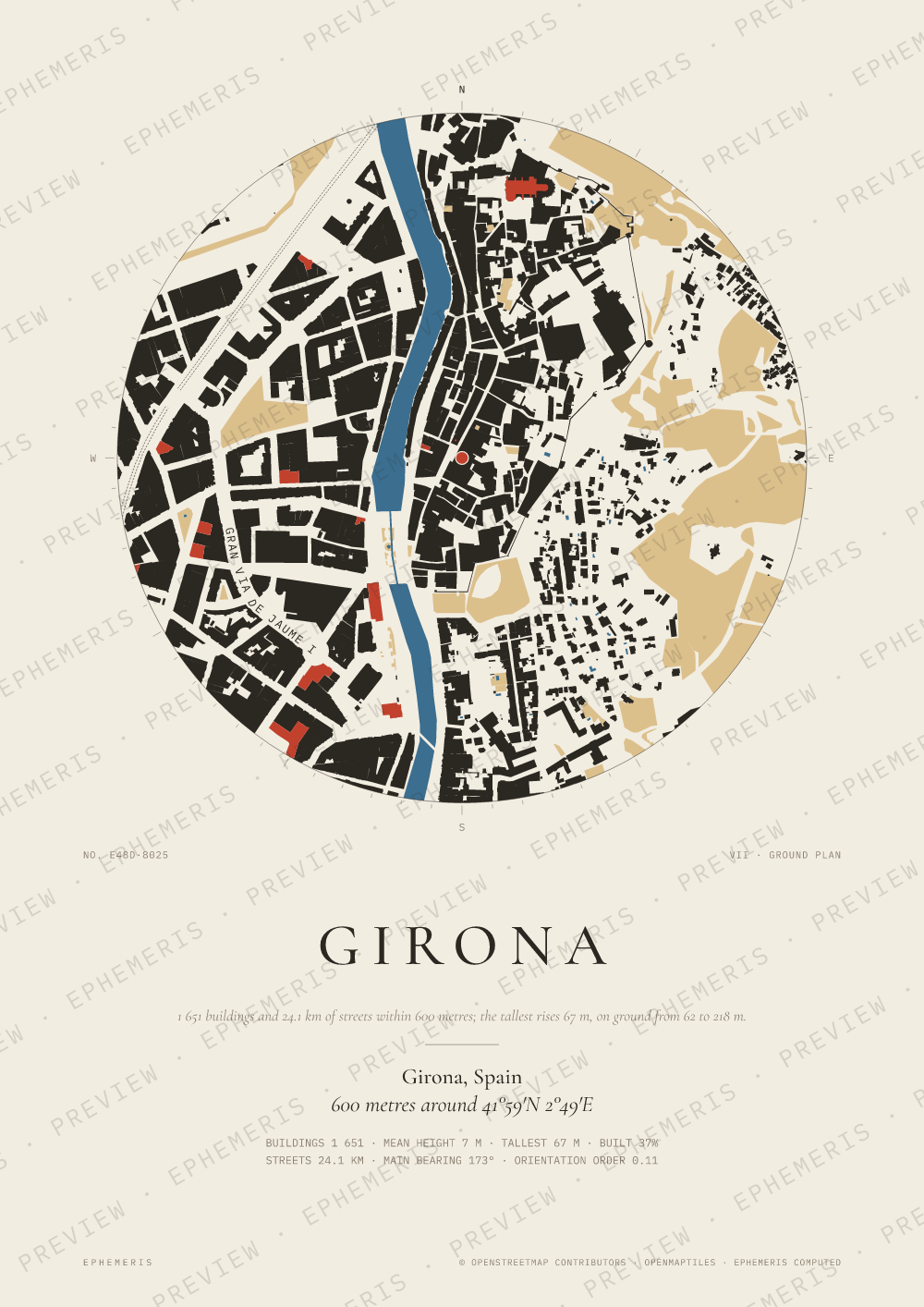 Girona map poster: the city drawn as a plan