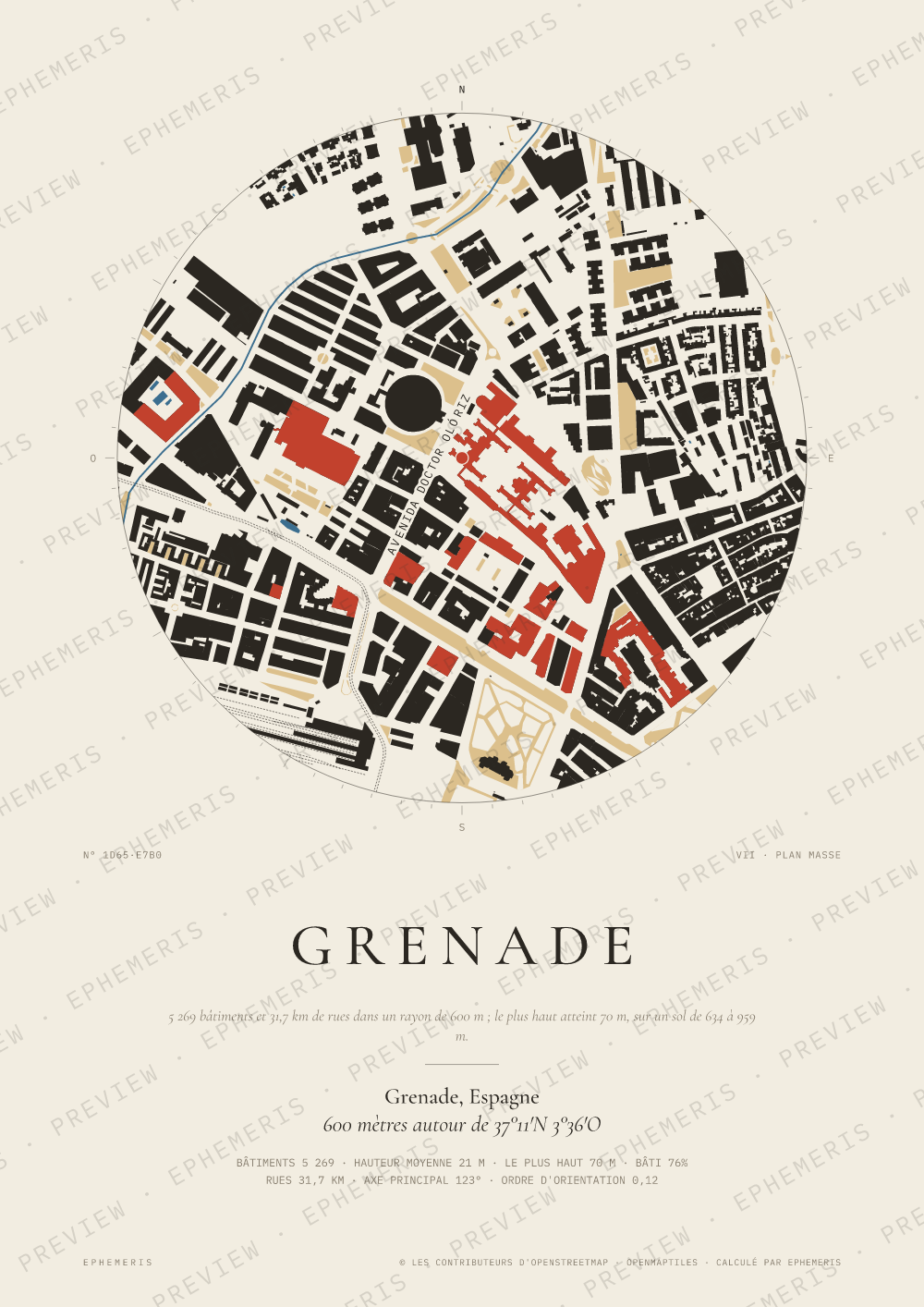 Affiche carte de Grenade : la ville dessinée en plan