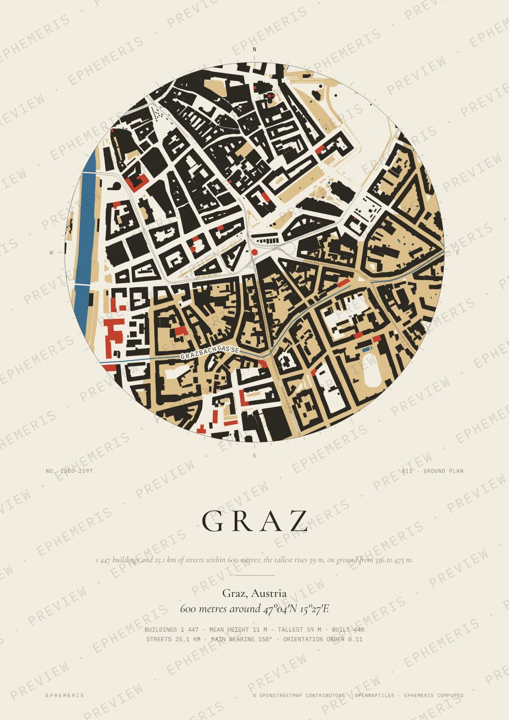 Graz map poster: the city drawn as a plan