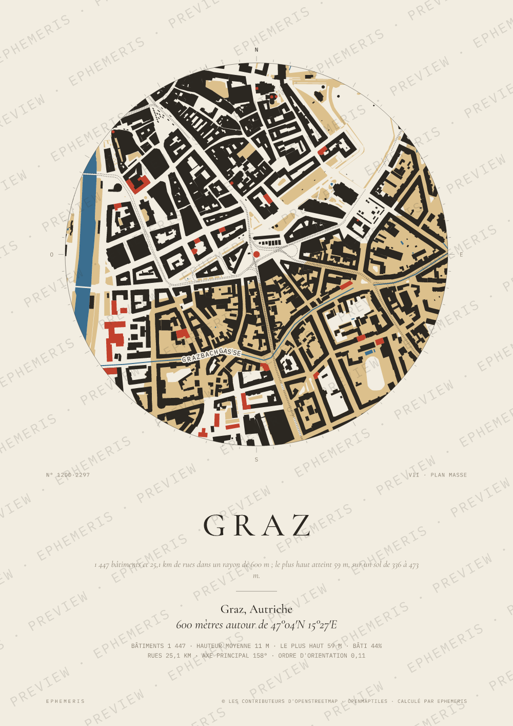Affiche carte de Graz : la ville dessinée en plan