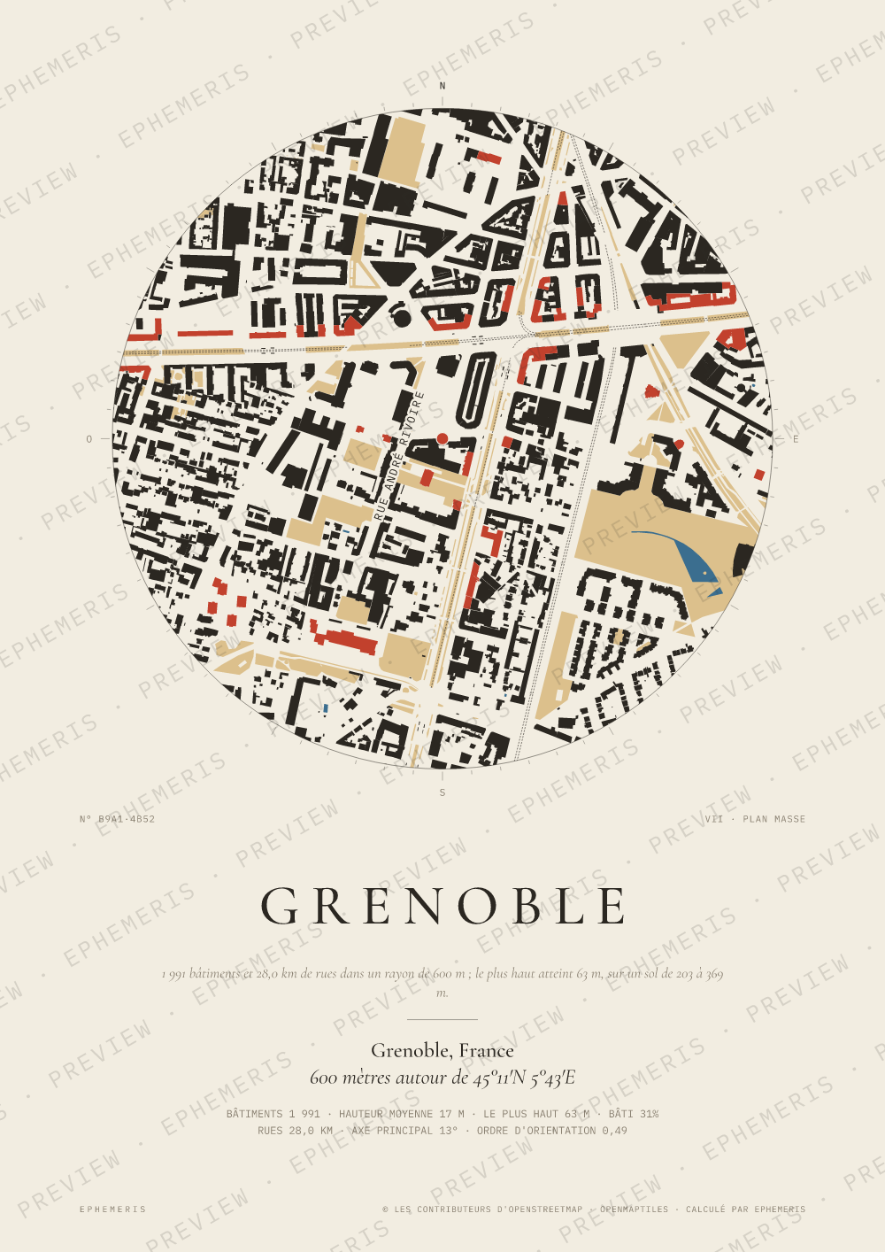 Affiche carte de Grenoble : la ville dessinée en plan