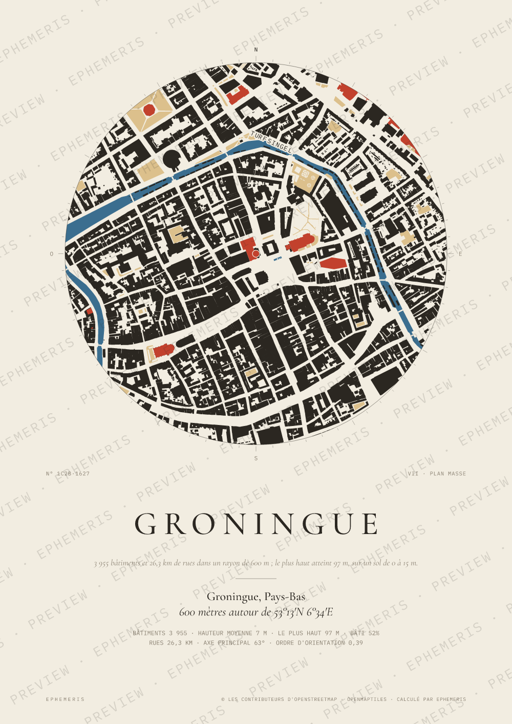 Affiche carte de Groningue : la ville dessinée en plan