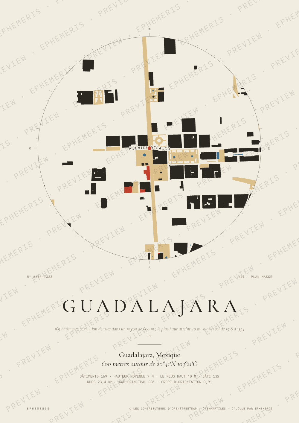 Affiche carte de Guadalajara : la ville dessinée en plan