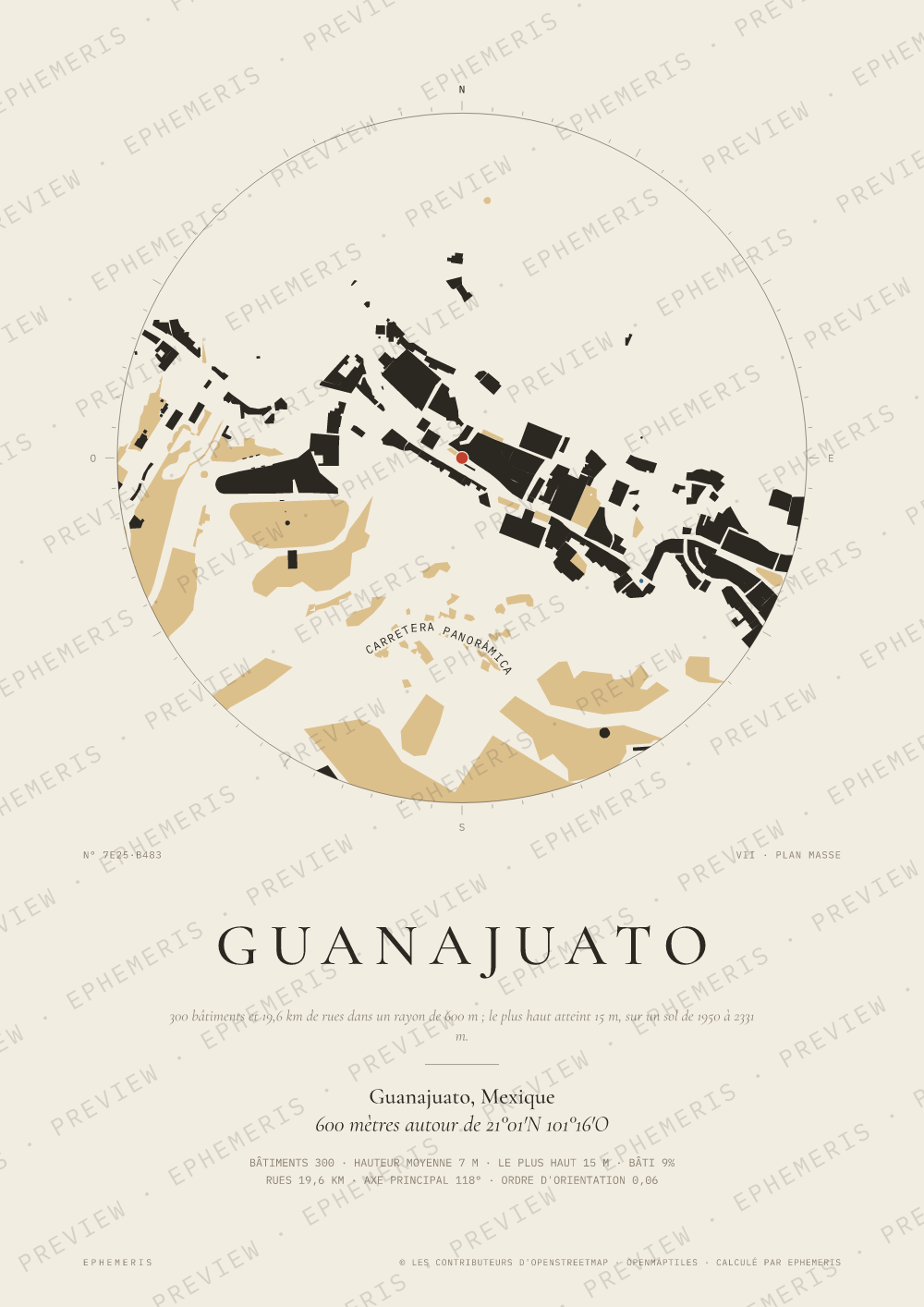 Affiche carte de Guanajuato : la ville dessinée en plan
