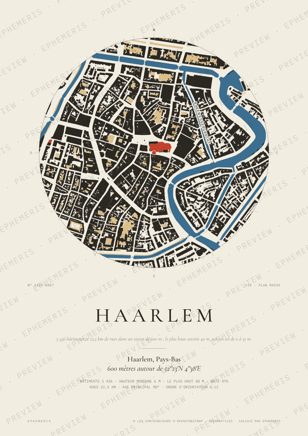 Affiche carte de Haarlem : la ville dessinée en plan