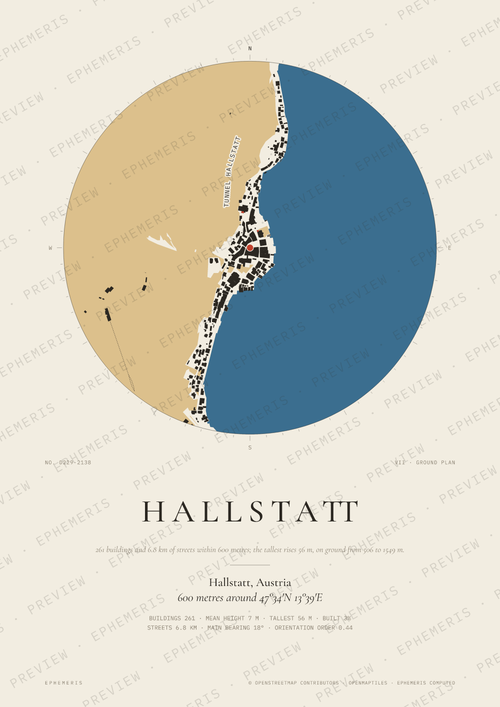 Hallstatt map poster: the city drawn as a plan