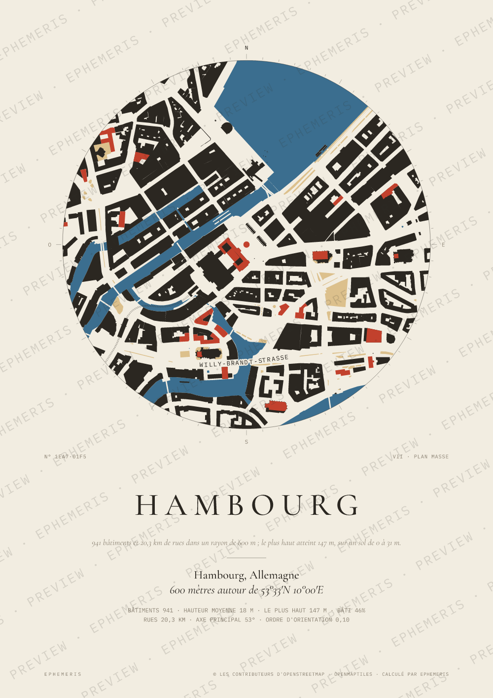 Affiche carte de Hambourg : la ville dessinée en plan