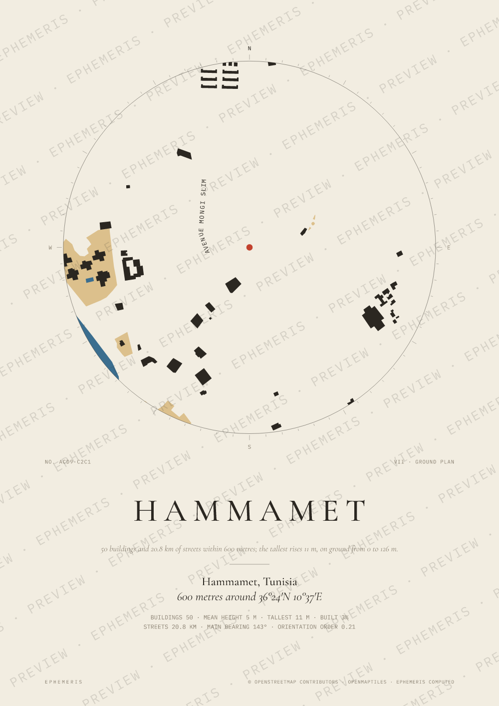 Hammamet map poster: the city drawn as a plan