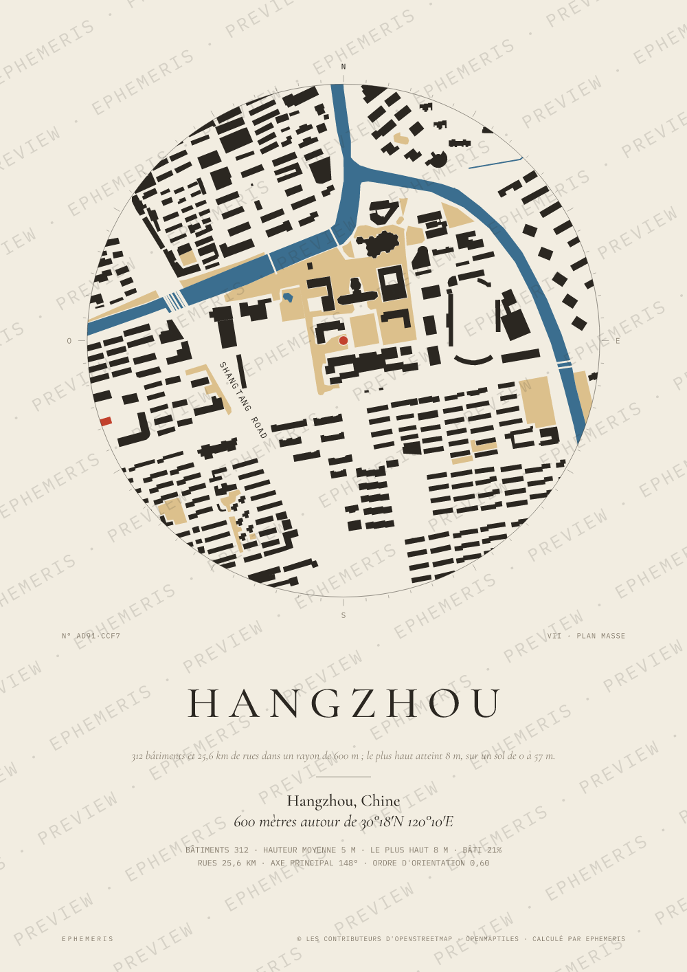 Affiche carte de Hangzhou : la ville dessinée en plan