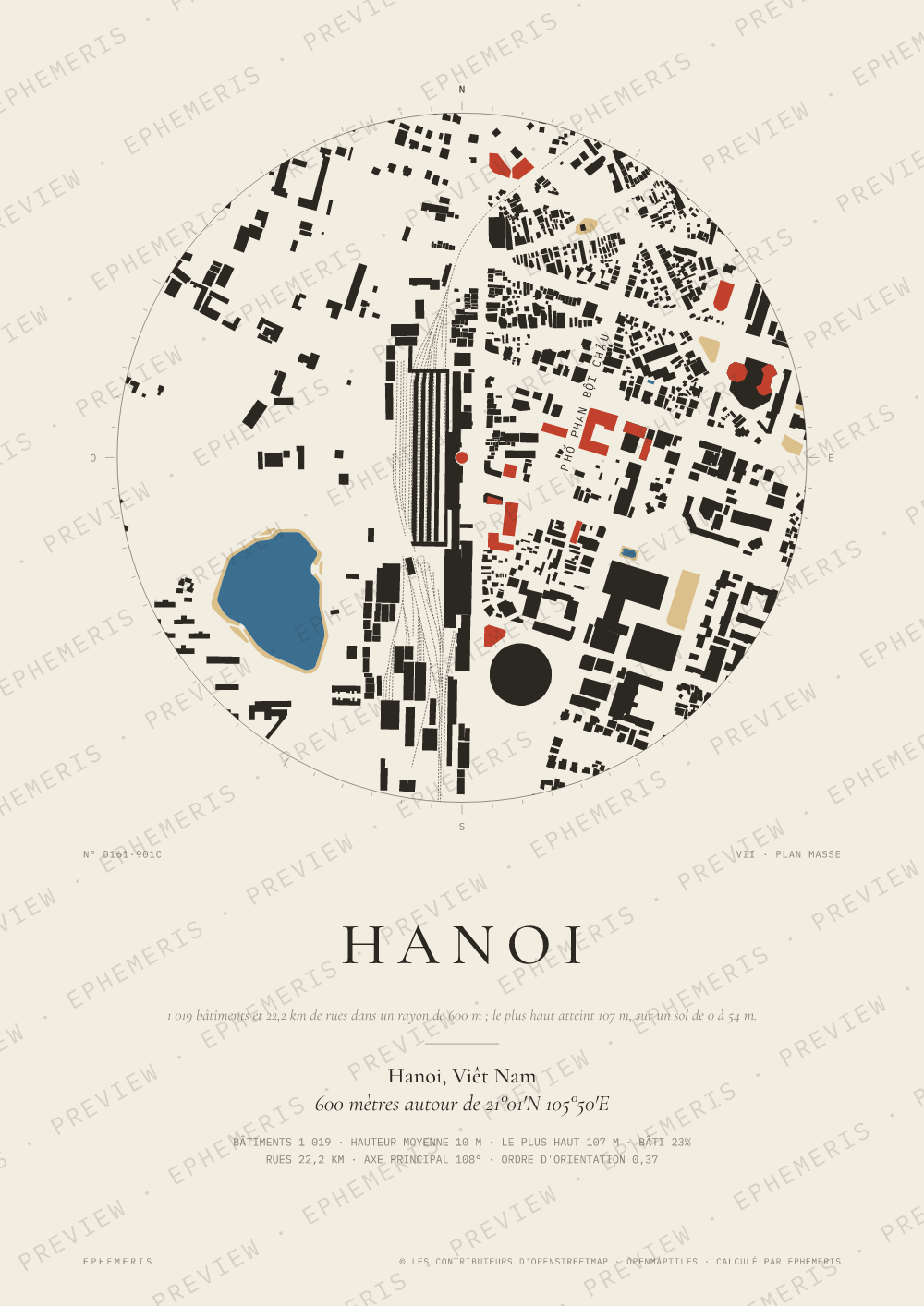 Affiche carte de Hanoi : la ville dessinée en plan