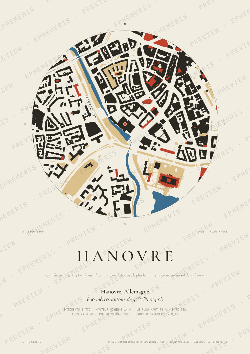 Affiche carte de Hanovre : la ville dessinée en plan