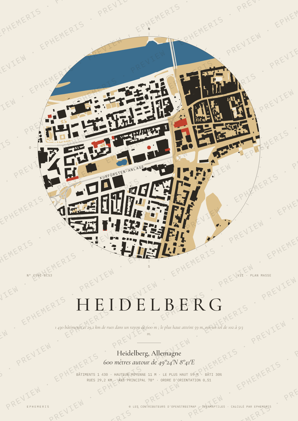 Affiche carte de Heidelberg : la ville dessinée en plan
