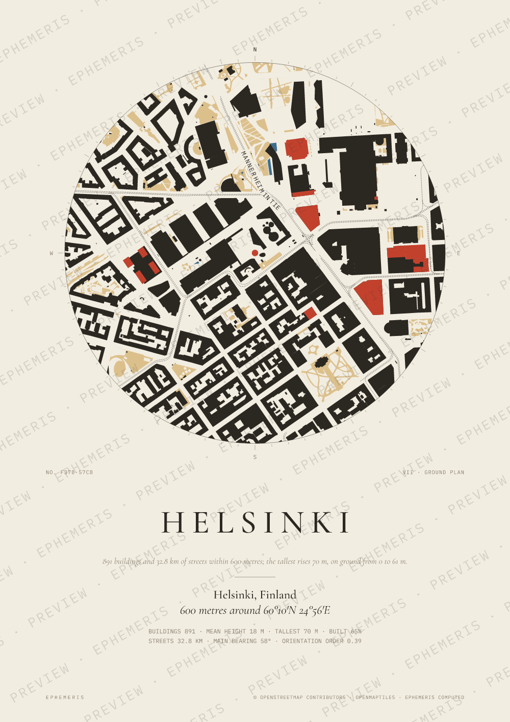 Helsinki map poster: the city drawn as a plan