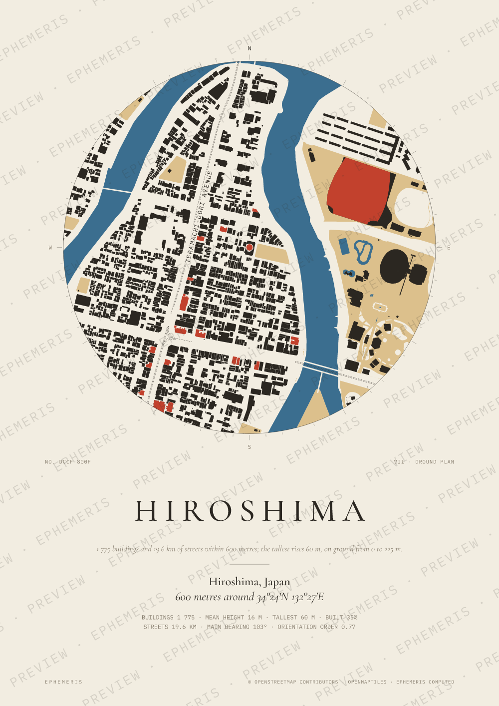 Hiroshima map poster: the city drawn as a plan
