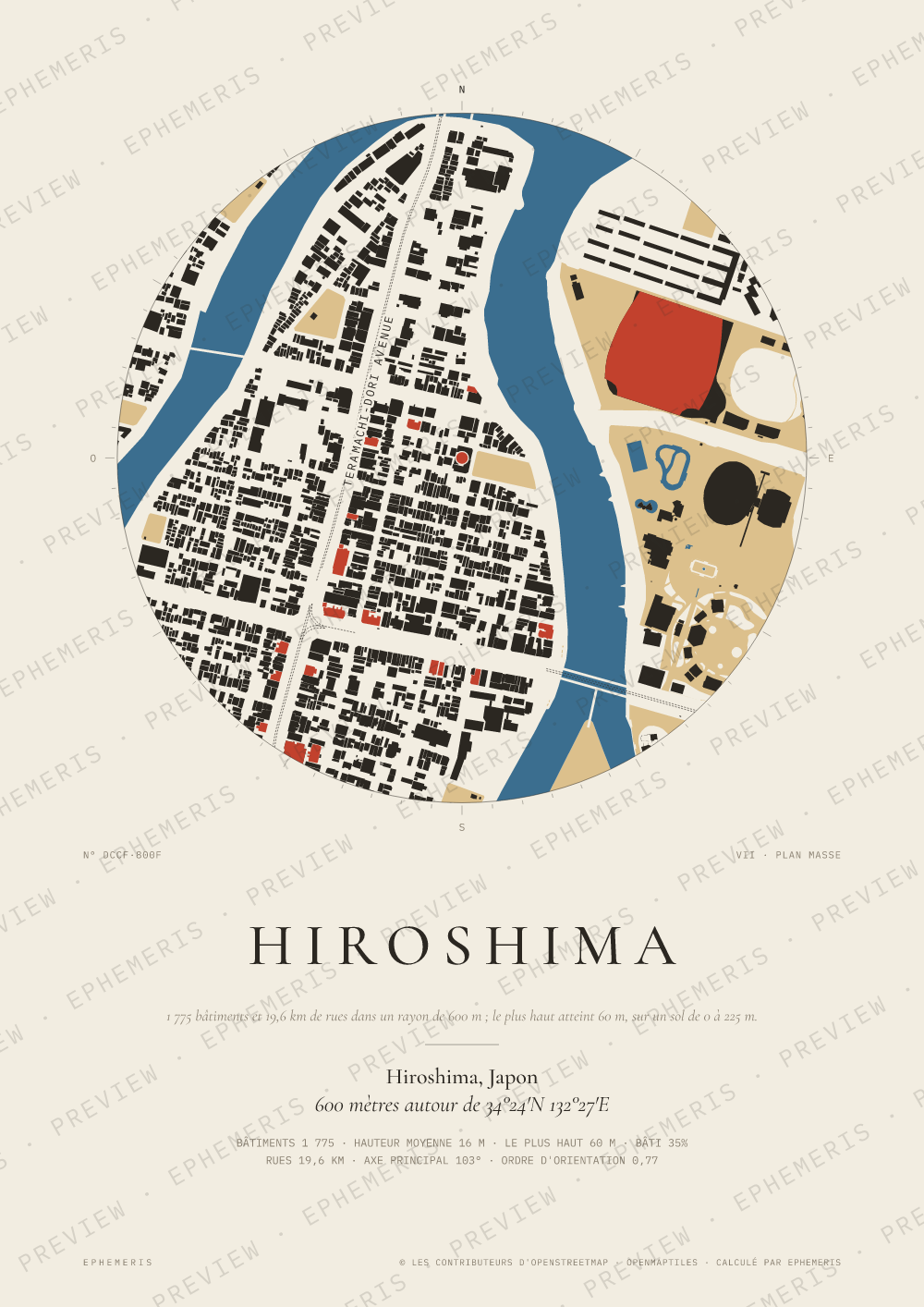 Affiche carte de Hiroshima : la ville dessinée en plan