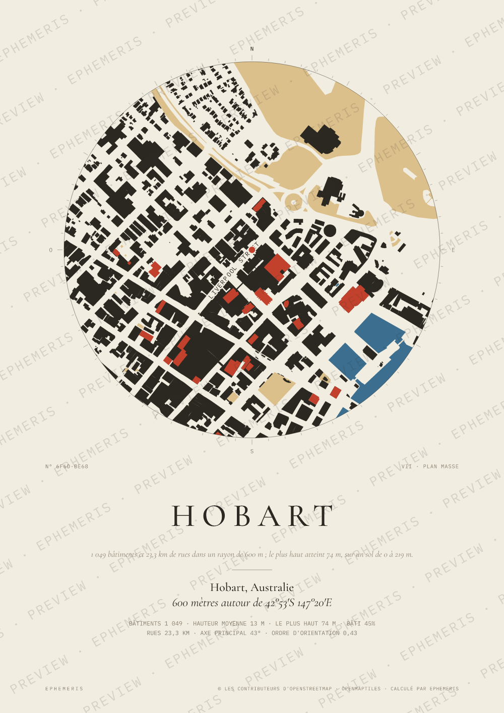 Affiche carte de Hobart : la ville dessinée en plan