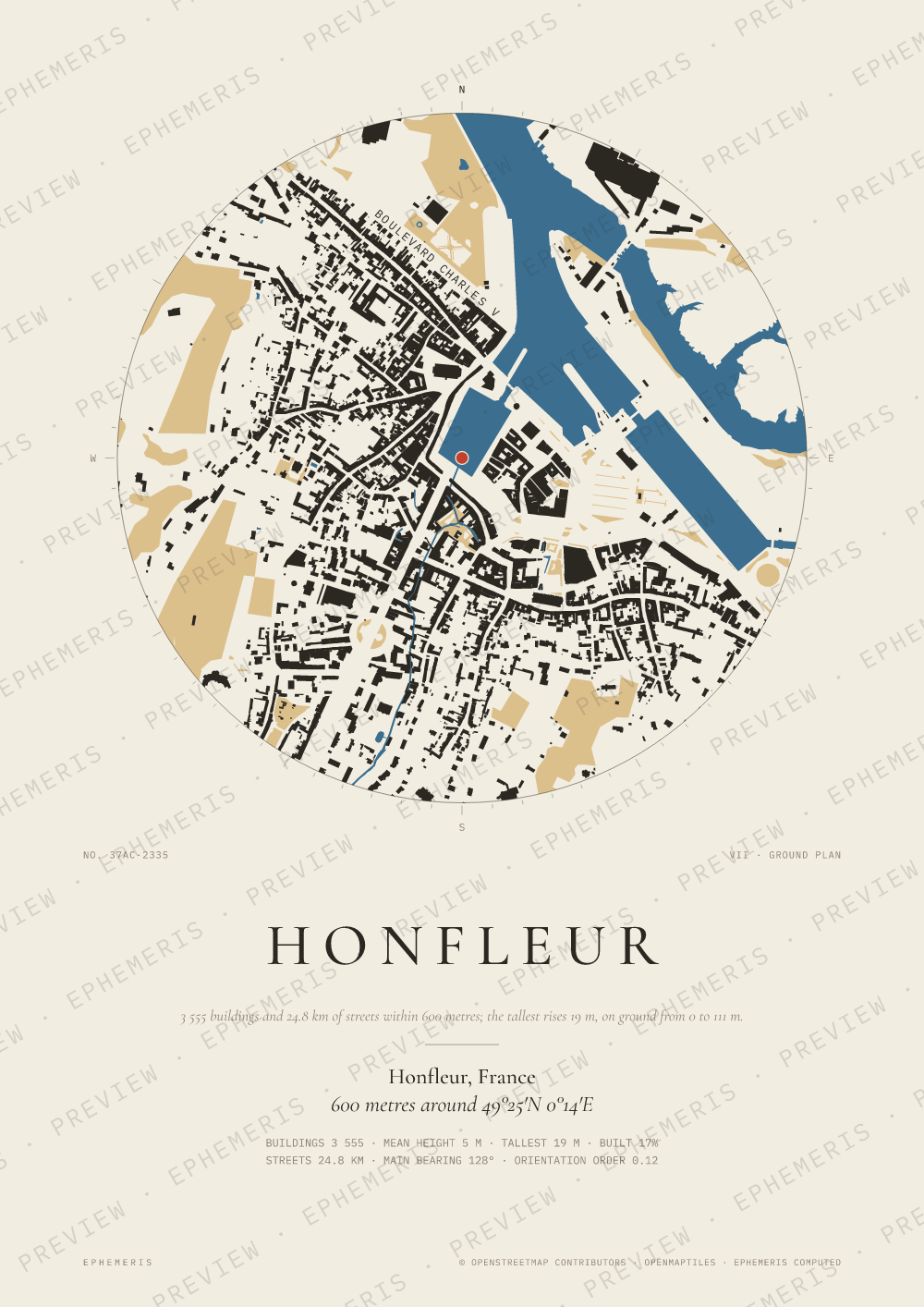 Honfleur map poster: the city drawn as a plan