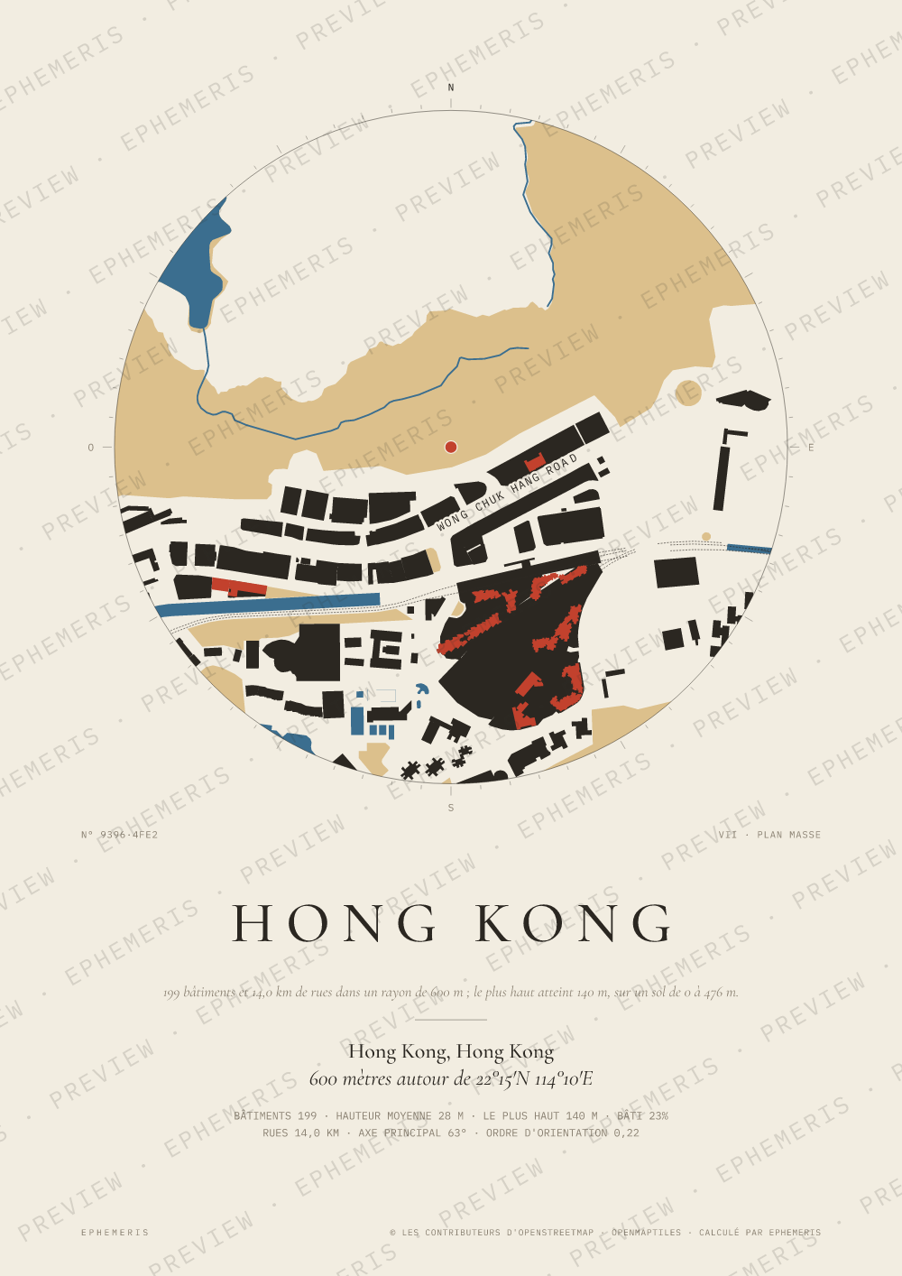 Affiche carte de Hong Kong : la ville dessinée en plan