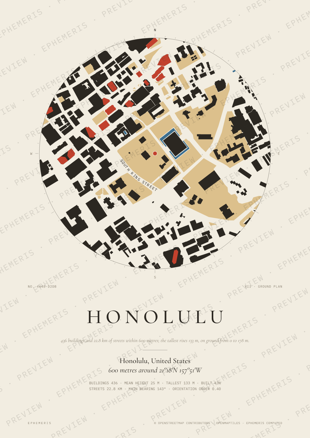 Honolulu map poster: the city drawn as a plan