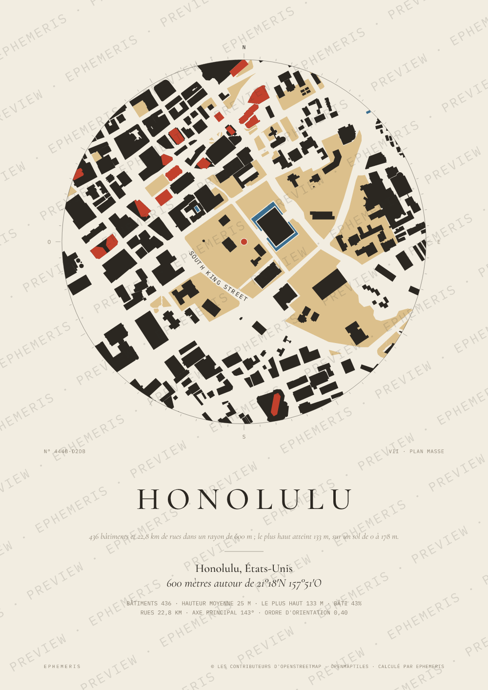 Affiche carte de Honolulu : la ville dessinée en plan