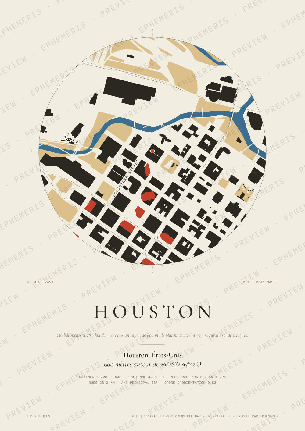 Affiche carte de Houston : la ville dessinée en plan