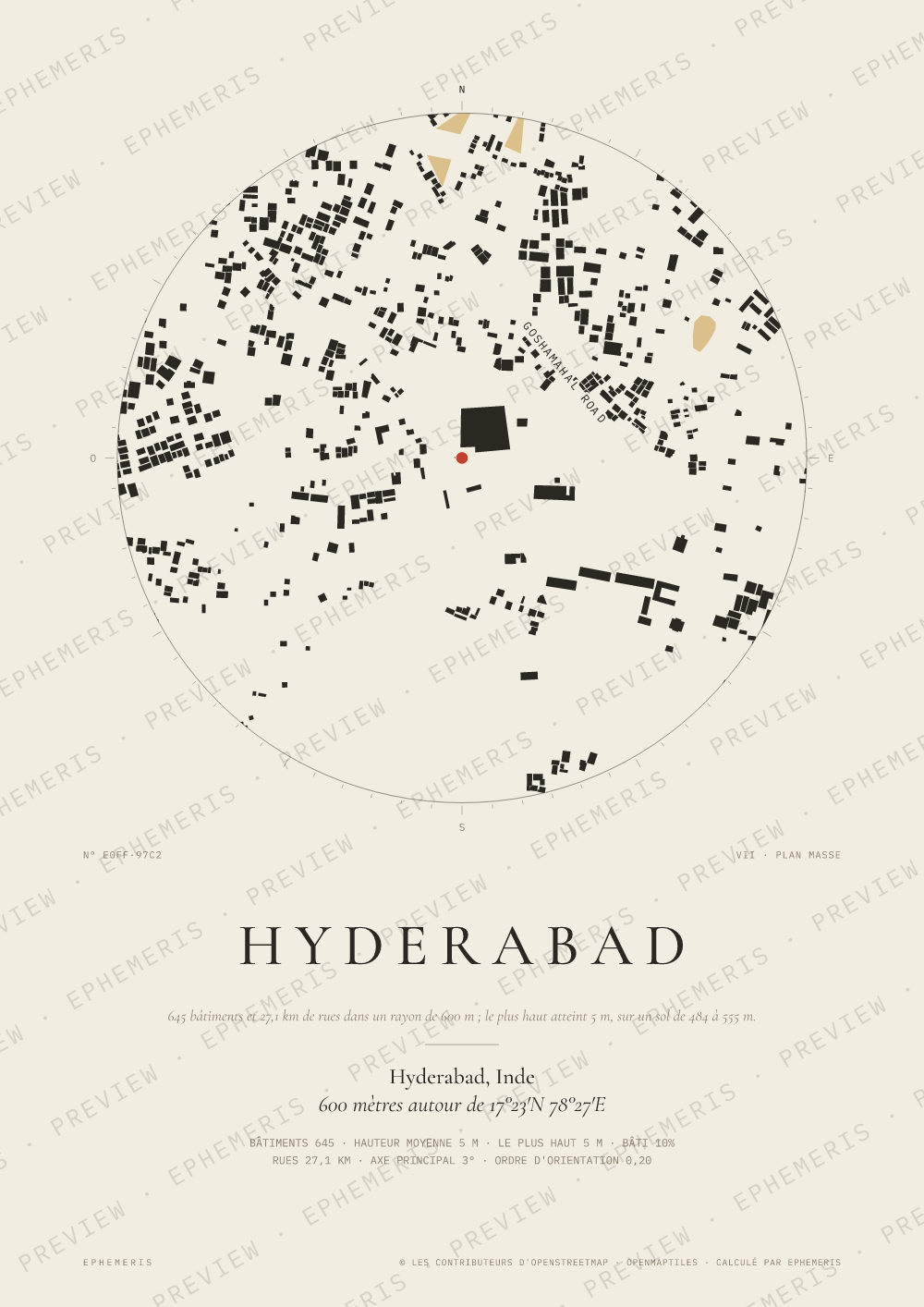 Affiche carte de Hyderabad : la ville dessinée en plan