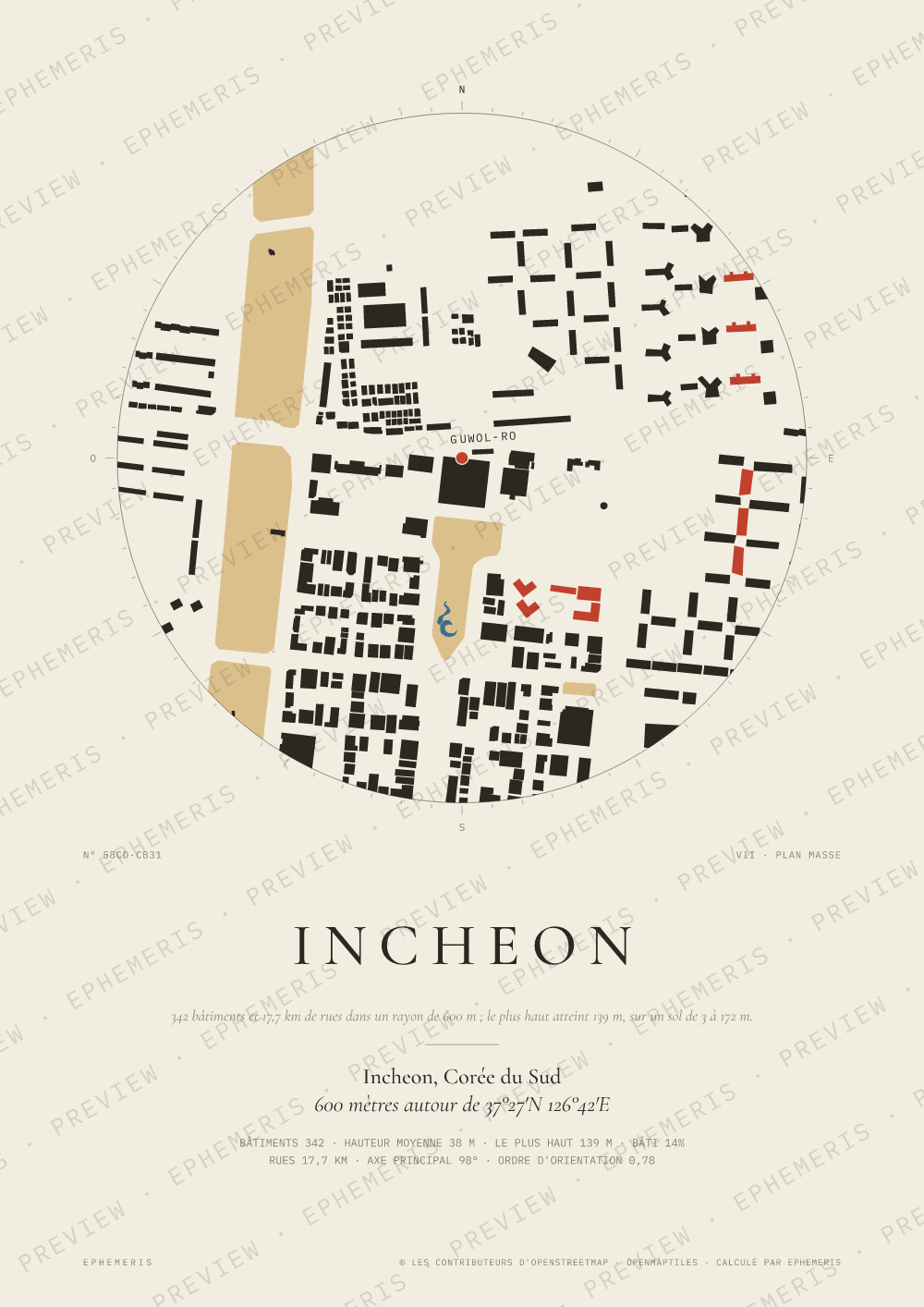 Affiche carte de Incheon : la ville dessinée en plan