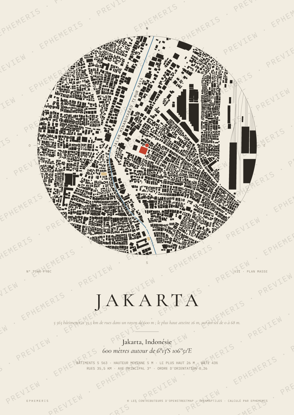 Affiche carte de Jakarta : la ville dessinée en plan