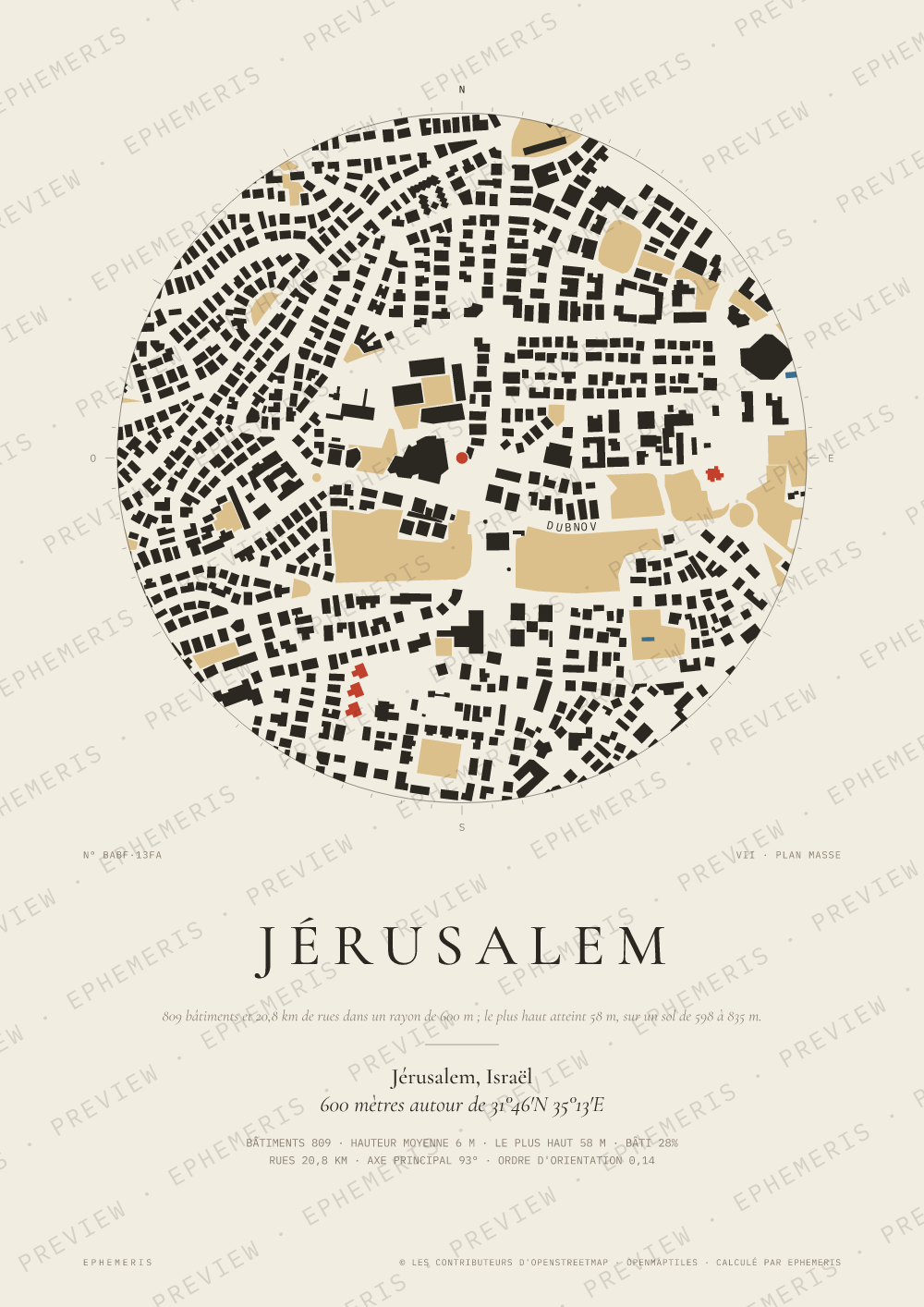Affiche carte de Jérusalem : la ville dessinée en plan