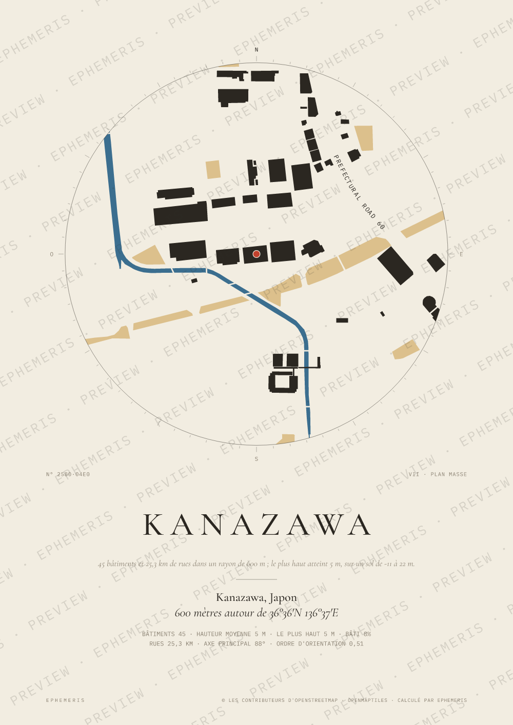 Affiche carte de Kanazawa : la ville dessinée en plan